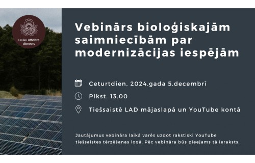 Notiks vebinārs bioloģiskajām saimniecībām par modernizācijas iespējām